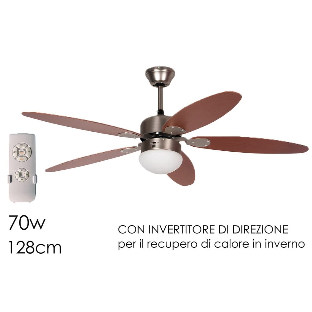 Ventilatore Soffitto 128cm 5Pale in Legno con plafoniera Luce Funzione Invernale Reversibile e Telecomando per casa Ristorante