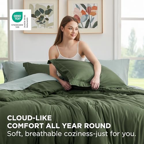 Image of Bedsure Twin Comforter Set - 5 Pieces Olive Green Twin Bedding Set for All Seasons, Boho Contrasting Design Bed in a Bag with Comforter, Sheets, Pillowcase & Sham