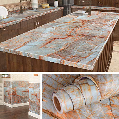 Livelynine 197 X 36 Inch Extra Wide Blue Marble Wall Paper Roll Peel and Stick Vinyl Countertop Contact Paper for Kitchen Counter Bar Table Top Decorative Wallpaper for Kitchen Cabinets Dining Room