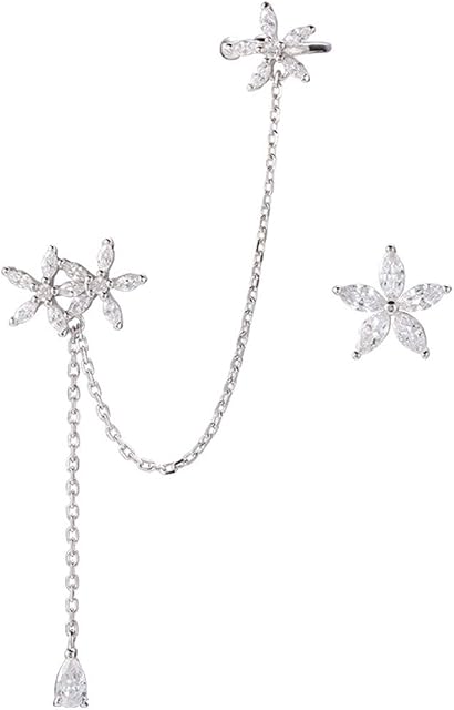 SLUYNZ 925 Sterling Silver CZ Cuff Earrings Chain Daisy Earrings for Women Daisy Flowers Earrings Crawler Earrings Asymmetric Dangling Earrings Chain