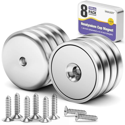 VNDUEEY 8 Pack Neodymium Magnet Cup, 100 LBS Rare Earth Magnets with Countersunk Hole Industrial Strength Round Base, 1.26''D x 0.2