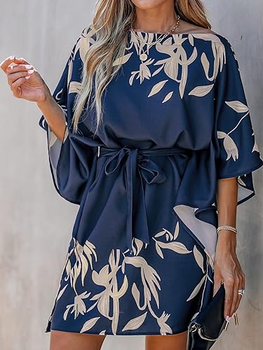 Image of CUPSHE Women's Casual Mini Dress Navy Leaf Print 3 /4 Sleeve One Shoulder A Line Short Belted Dresses