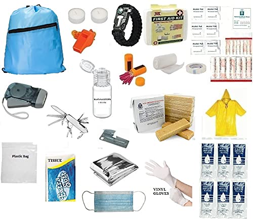 3 Day Emergency Backpack Survival Kit Food Water Blanket Whistle Flashlight 1st Aid 72 Hr (Light Blue)