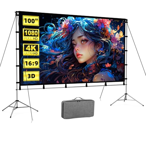 Outdoor Projector Screen with Stand 100 Inch, Vamvo Portable Projector Screen Indoor Outdoor with Carry Bag, 16:9 4K HD Movie Screen for Home Backyard Theater