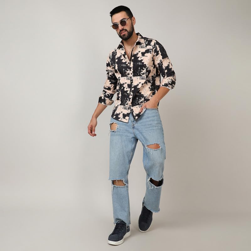 Image of CAHOOT Men's Self-Design Striped Shirt for Casual Wear | Spread Collar | Long Sleeve | Button Closure | Shirt Crafted with Comfort Fit for Everyday Wear