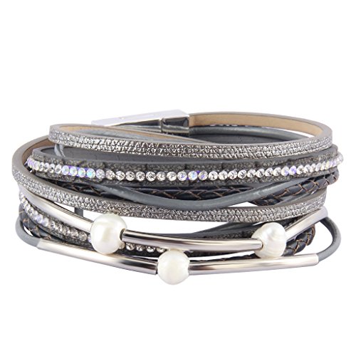 GelConnie Women Wrap Leather Bracelet Multilayer Rope Braided Bracelet Pearl Boho Cuff Bracelets Bohemian Jewelry for Mother, Wife LPB287-grey