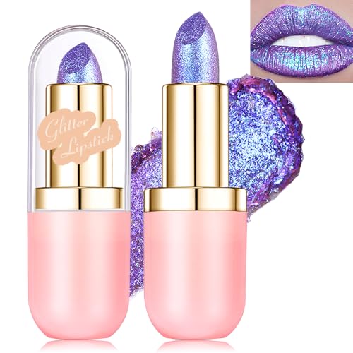 Wugbc Purple Lipstick Makeup Holographic Glitter Lip Stick Metallic Shine Long Lasting Lightweight Non-Sticky Hydrating Lip Tinted Full Coverage Sparkling Shimmer Chameleon Lipstick for Women