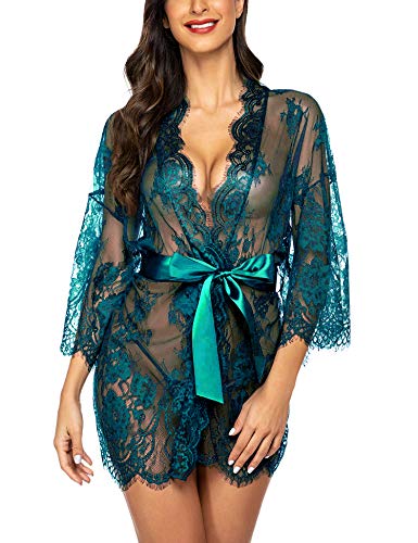 Avidlove Women's Lace Kimono Robe Babydoll Lingerie Mesh Nightgown S-4XL Peacock Blue