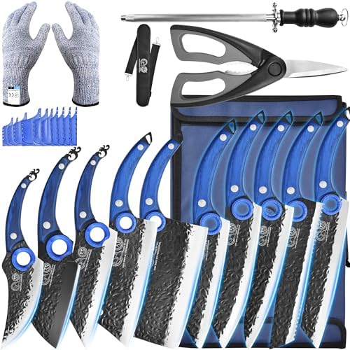 XYJ Professional Kitchen Knife Set with High-Carbon Steel Forged Blades, Chef's Knife, Cleaver, Carving Knife, Nakiri, Full Tang Design, Includes Carrying Bag & Poultry Scissors