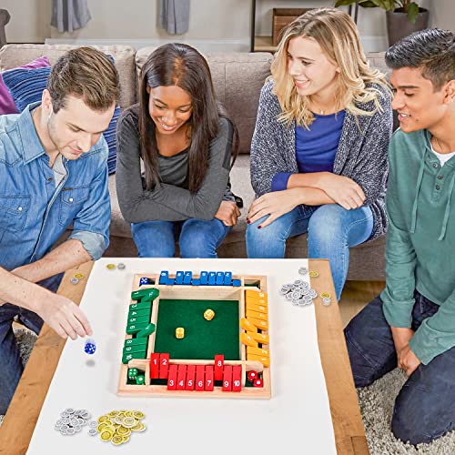 Image of 1-4 Players Shut The Box Dice Game, 10 Numbers Traditional Wooden Pub Bar Board Family Table Mat Game Dice for Kids and Adults