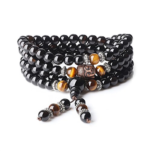 COAI 6 mm onyx tigeröga 108 pärlor stenar Buddha Mala armband halsband, Sten, Onyx