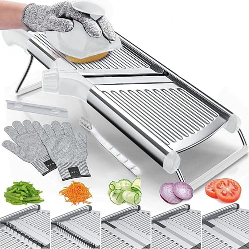 Gramercy Adjustable Mandoline Food Slicer, Mandoline Slicer for Kitchen, Mandolin, Potato, Tomato, Carrot, Vegetable, Fruit and Onion Cutter - Stainless Steel - INCLUDING 1 Pair Cut-Resistant Gloves