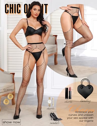 Image of RSLOVE Women's Fishnet Suspender Stockings - High Waist Fishnet Tights Sexy Lingerie for Intimate & Daily Wear
