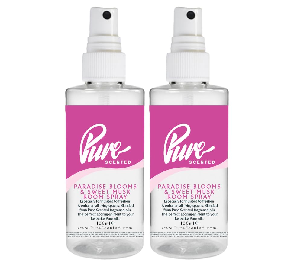 "Pure Scented 200ml Room & Fabric Sprays 2 x 100ml Suitable For Home, Car, Caravan, Work, Gym Bags, Odour Eliminators (2 x 100ml, Paradise Blooms & Sweet Musk)" — image 1
