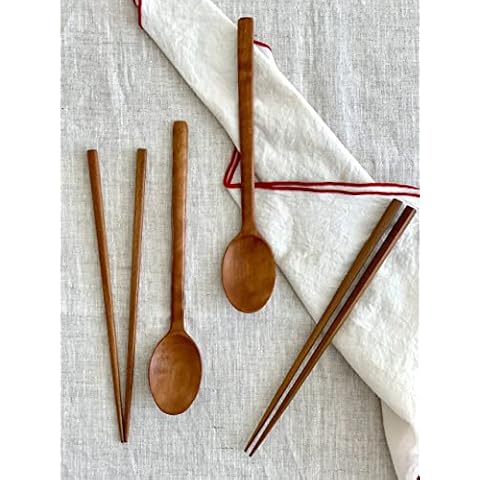 cozymomdeco Korean Made Wooden Chopsticks & Spoon Utensil Flatware Jujube Tree Natural Resin Lacquer Ramen Sushi Reusable Japanese Chinese Chop Sticks 2SET Cover