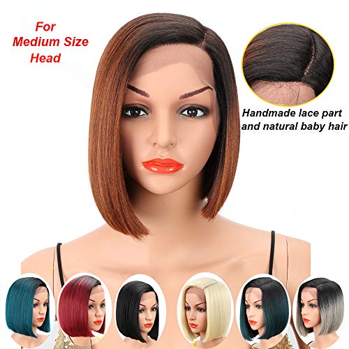 Ealiza Short Bob Wigs L Part Lace Front Wigs with Baby Hair Heat Resistant Synthetic Wigs For Black Women Half Hand Tied 130% Density Ombre Blonde Wigs with Dark Roots(TT1B/130E)