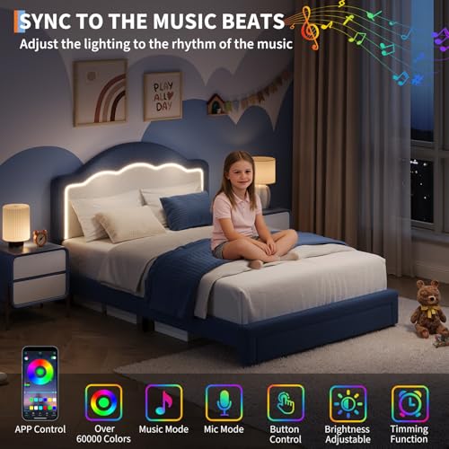 Image of GarveeHome Full Size Bed Frame with LED Headboard for Kids, Sherpa Upholstered Platform Bed Frame with Storage Drawer and Wood Slat Support, No Box Spring Required, Easy to Assemble
