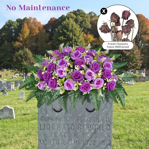 ICX Cemetery Flowers for Grave Saddle, Artificial Rose Memorial Flowers, Headstone Flower Saddle, Cemetery Memorial Flowers for Outdoor Tombstone Decorations for Remberance (Purple image 6