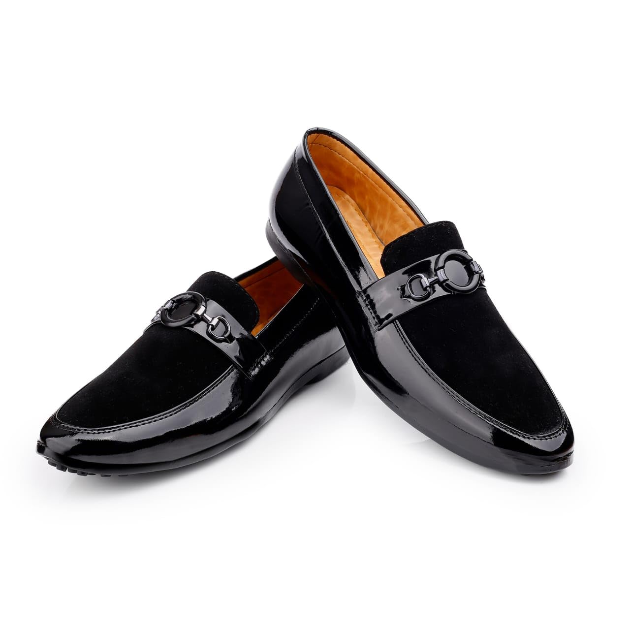 Men's Black Patent Loafer Shoes with Metal Bit-image-8