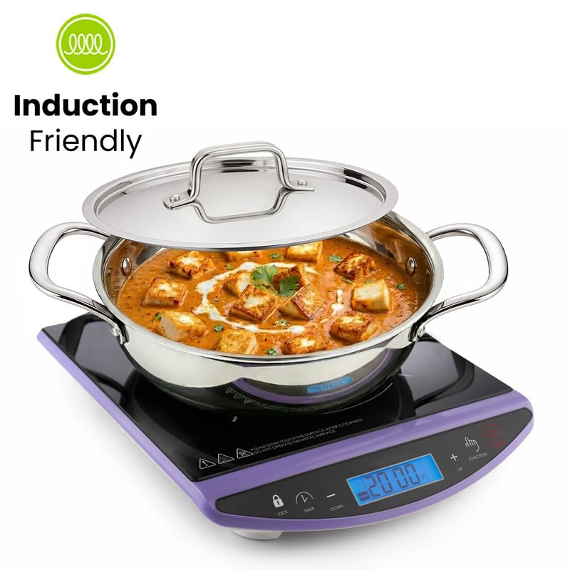 Image of Allo Triply Stainless Steel Kadhai with Handles|Perfect Kadhai for Curry /Stir-Fry /Deep-Fry /DryVeg /Saute Induction Friendly Naturally Non-Stick | 10 Years Warranty, with lid