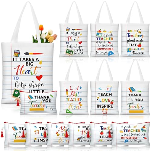 Paterr 12 Pcs Teacher Tote Bag for Teacher Appreciation Gifts in Bulk Funny Canvas Tote Bag with Makeup Bag Notebook Style Women Thank You Gifts Graduation Present for Office School Classroom Supplies