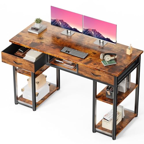 DUMOS 48' Small Computer Home Office Desk for Bedroom with Drawers, Gaming Writing Study Table with Storage Shelf, Adjustable Feet, Metal Frame Rustic Brown