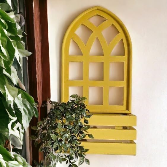 Rustic Handmade Arch Style Indian Wall Planter Frame Hand Carved In Solid Hard Wood Decorative Frame For Bedroom | Living Room 60X30Cm (Yellow)
