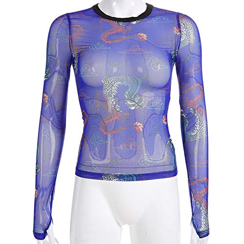 MIZOK Women's Long Sleeve See Through Shirts Dragon Printed Mesh Crop Tops Tee (L,Blue)