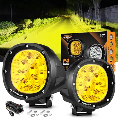 Auxbeam 4In 90W Amber Round Led Offroad Lights 2PCS 9000LM Amber Fog Super Bright Driving Light with Wiring Harness Kit Spot Beam Pod Light for Truck SUV ATV UTV Jeep Wrangler Motorcycle Amb