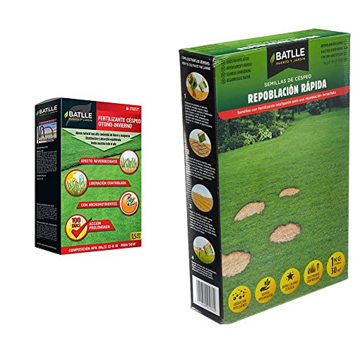 Abonos Fertilizante Césped Profesional Otoño-Invierno Caja 1,5 Kg. Batlle + Semillas de Césped Césped Repoblación Rápida 1Kg Batlle