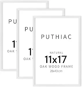 puthiac 11x17 White Oak Wood Picture Frame - Minimalist 11x17 Poster Frame, 11"x17" Frame Wood, Natural Solid Wooden Picture Frames for Wall Art Photo and Prints (3 Pack, White)