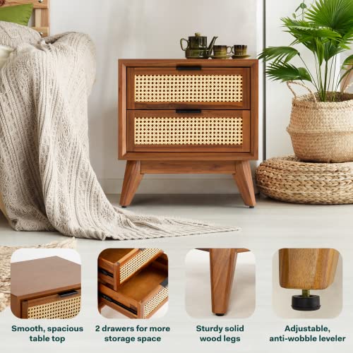 Bme Jasper Deluxe Solid Wood Rattan Nightstand Fully Assembled - Mid Century Modern Side Table, Nightstands With 2 Drawers - Multipurpose Use For Living Room, Bedroom - Dark Chocolate #TOP2
