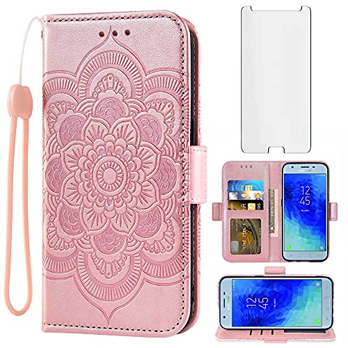 Compatible with Samsung Galaxy J3 Orbit J 3 Star 2018 3J Achieve Wallet Phone Case Tempered Glass Screen Protector Flip Cover Card Holder Cell for Glaxay J3V V 3rd Gen SM J337A J337V J337 Rose Gold