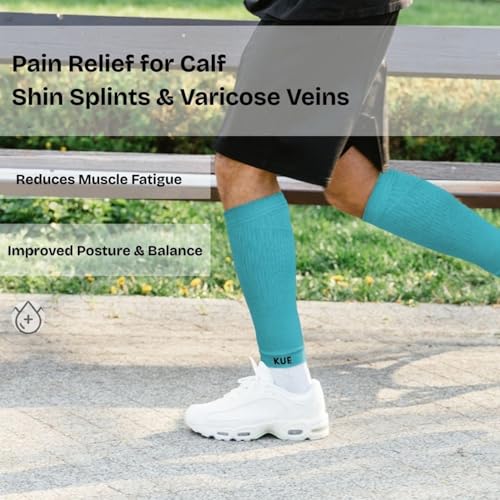 Image of KUE Compression Calf Sleeves for Running, Sports, & Medical Recovery | Graduated Support for Men & Women | Improves Blood Circulation, Reduces Swelling, Pain Relief | UV Protection (Blue, 2 Pairs, M)