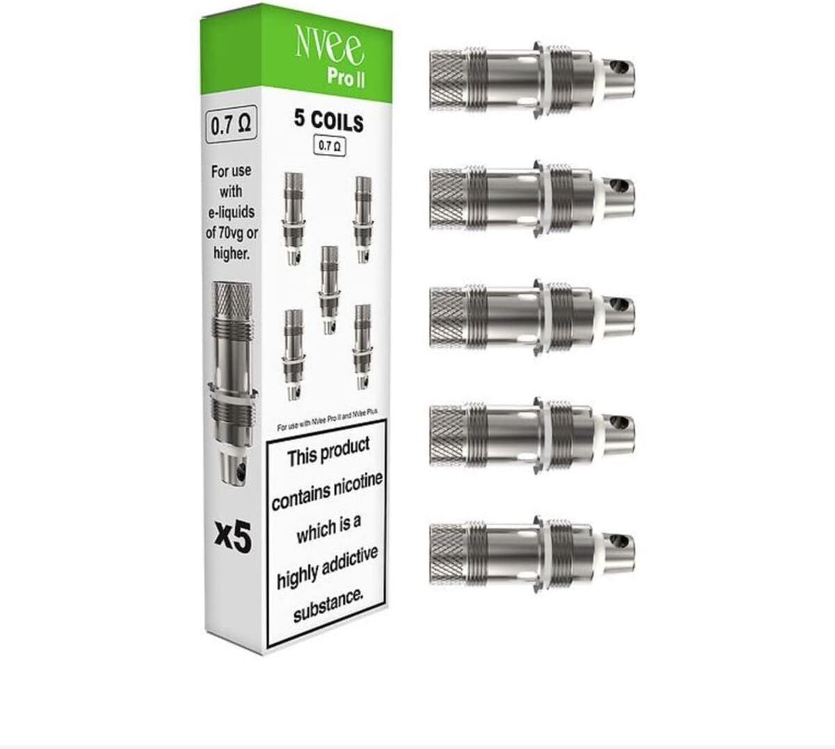 NVee Pro II 0.7ohm Coils - Pack of 5 Individual coils, Designed for use with Vape e-Liquids of 70vg or Higher (Cloud Liquids), No Nicotine - Nicotine Free