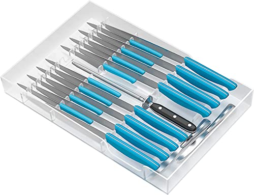 Janaden Bloc à couteaux intégré en acrylique pour tiroir de cuisine - Grande poignée - Sans couteaux - Pour 16 couteaux et 1 aiguiseur de couteaux Cover