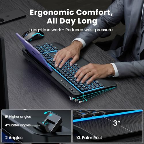 Image of SABLUTE Wireless Keyboard and Mouse Combo, Rechargeable 4000mAh Light up Quiet Keyboard with Wrist Rest & Phone Holder, Ergonomic Silent Typing for PC /Mac /Laptop /Windows /Chrome OS