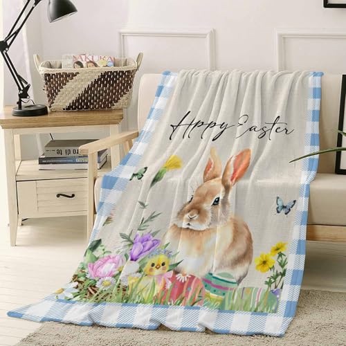 Ooomigasusi ブランケット 掛け毛布 フランネル 厚手 柔らかい肌触り 暖かい 保温 ふわふわ 冷え対策 春秋冬用 軽量 おしゃれ 膝掛け 静電気防止 毛抜けない 抗菌 うさぎ 花 チエック柄 青 125x150cm