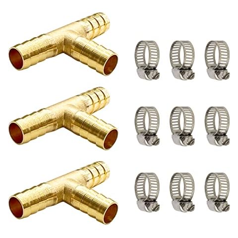 LIONMAX Barb Tee Fittings 3 PCS, 3/8" x 3/8" x 3/8" ID Hose Barb, Brass Hose Barb T Fitting 3 Way Union Fittings, with 9 Hose Clamps, for Water/Fuel/Air Cover