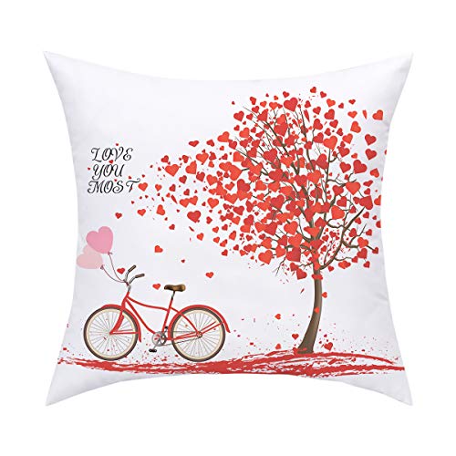 BLEUM CADE Red Love Heart Tree Bicycle Throw Pillow Cover Love You Most Cushion Case Wonderful Valentine Gift for Lover or Decor for Home Office Car Sofa