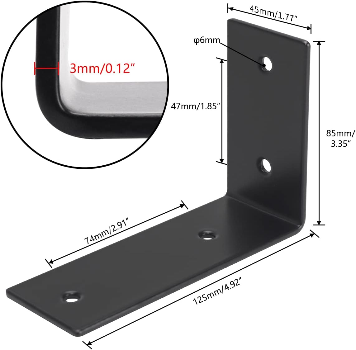YUMORE Set of 4 Black Shelf Brackets 125 x 85 x 45 mm Stainless Steel Heavy Load Wall Shelf Brackets 90 Degree Angle Bracket for Hanging Shelf, with Screws