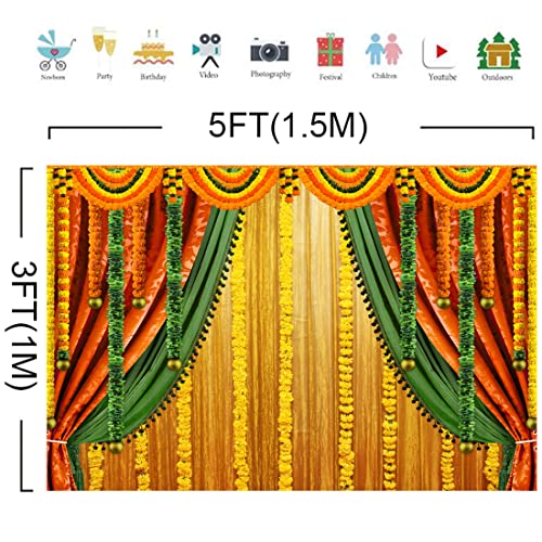 Image of Lofaris India Pooja Photography Backdrop Puja Ganpati Pooja Traditional Mehndi Festival Background Diwali Decorations Wedding Party Marigold Garlands Photo Props 5x3ft