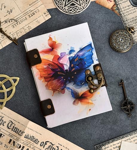 Image of Handmade Butterfly Journal | Vintage Diary with Metal Lock | 5x7 Inch Recycled Paper Notebook for Writing, Sketching & Gifting