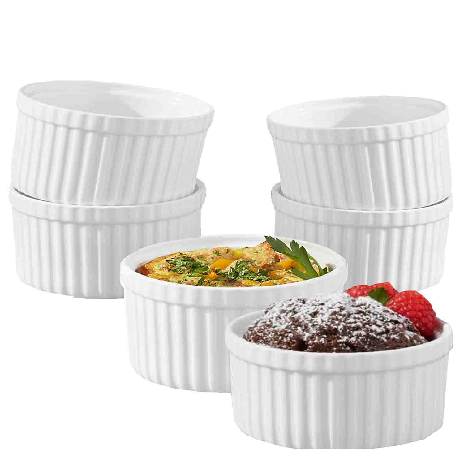 (Set of 6) 4.5 oz. Porcelain Ramekins, White, Bakeware, Souffle Dishes, Creme Brulee, Pudding, Custard Cups, Desserts, by K Basix