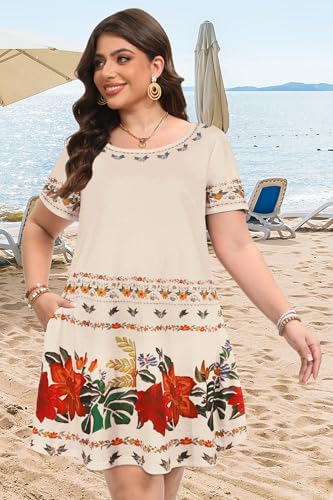 Image of Summer Dresses for Women Casual Tshirt Short Sleeve Floral Sundress Beach Cover Ups with Pockets 2026