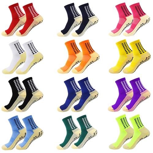 12 Pair Grip Socks Soccer, 12 Colors Non Slip Men Socks Grip Socks Youth Grip Football Socks for Adult