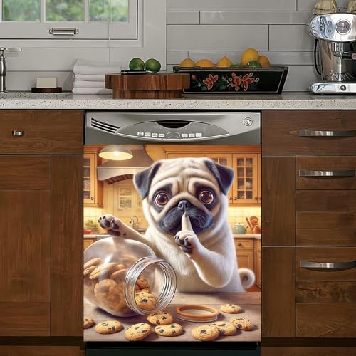 BlissYard Hunde-Geschirrspüler-Magnetabdeckung, 58 x 66 cm, lustiger Mops, Geschirrspüler-Magnetabdeckung, Aufkleber, magnetisch… – Ansicht 1
