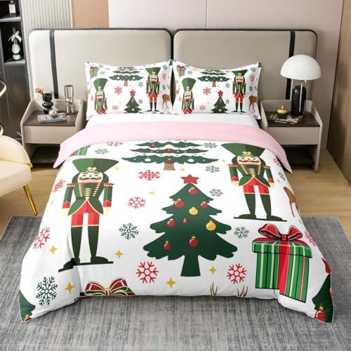 Homewish Christmas Nutcracker Duvet Cover Set Cartoon Soldier Royal Guarder Cotton Comforter Cover, Christmas Tree Double Bedding Sets, Xmas Elk Deer Snowflake Bed Set