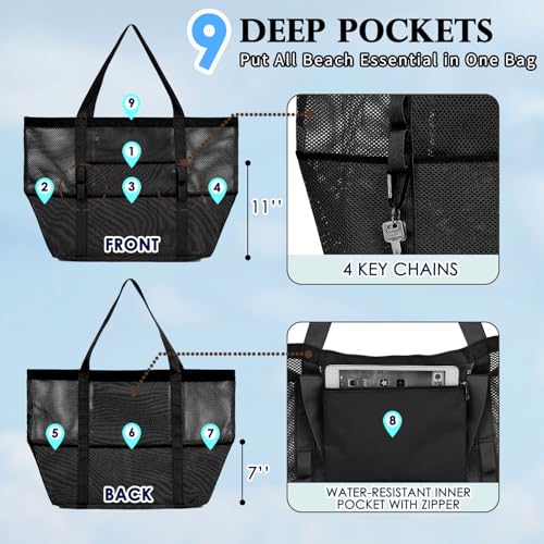 image for Fammart Mesh Beach Bag, Large Beach Tote with Zipper Pocket, Toys Pool