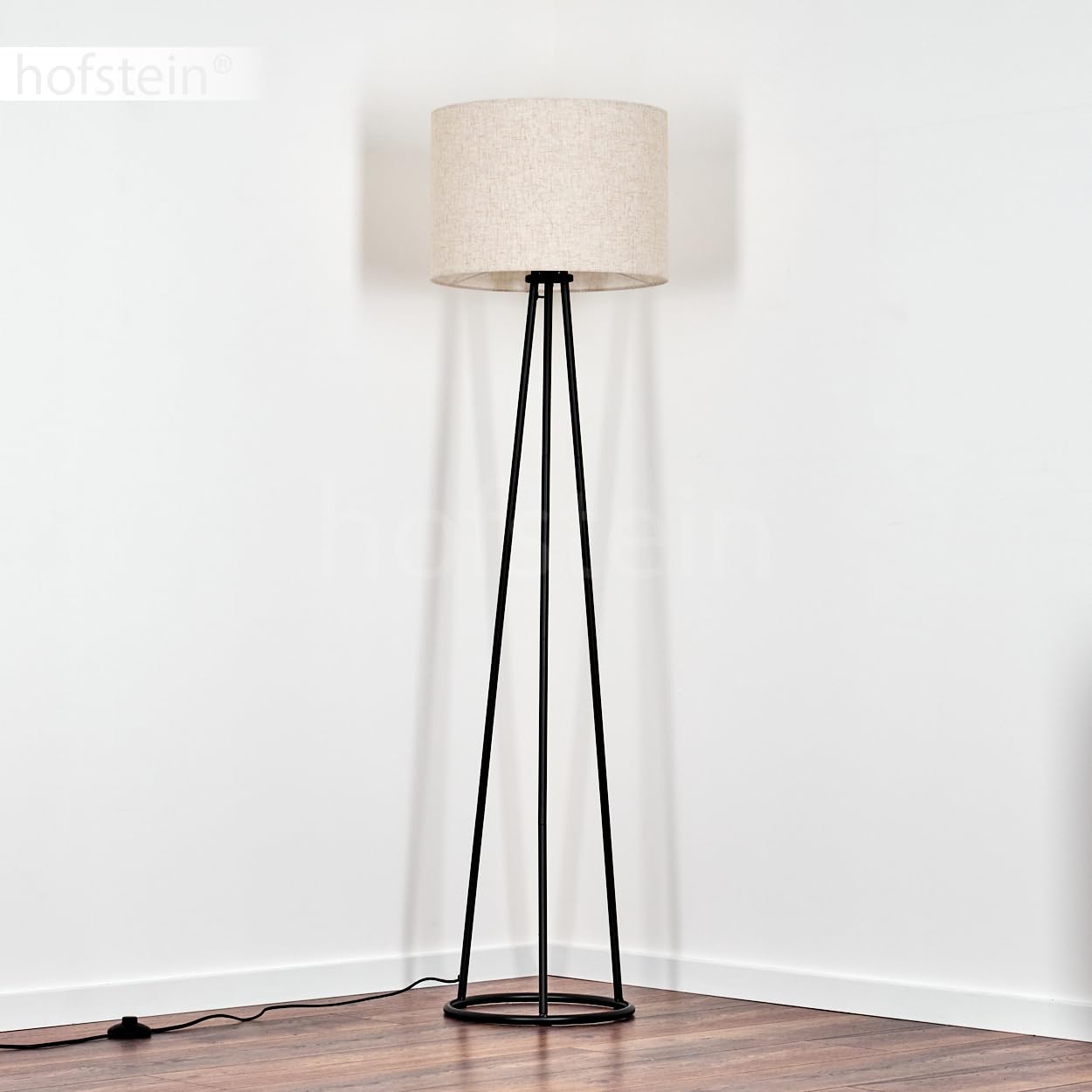 Stehleuchte Bassagoda, Stehlampe aus Metall/Stoff in Schwarz/Beige, Leuchte im modernen Design mit rundem Schirm (Ø 40 cm) u. Fußschalter, Höhe 152 cm, 1 x E27, ohne Leuchtmittel